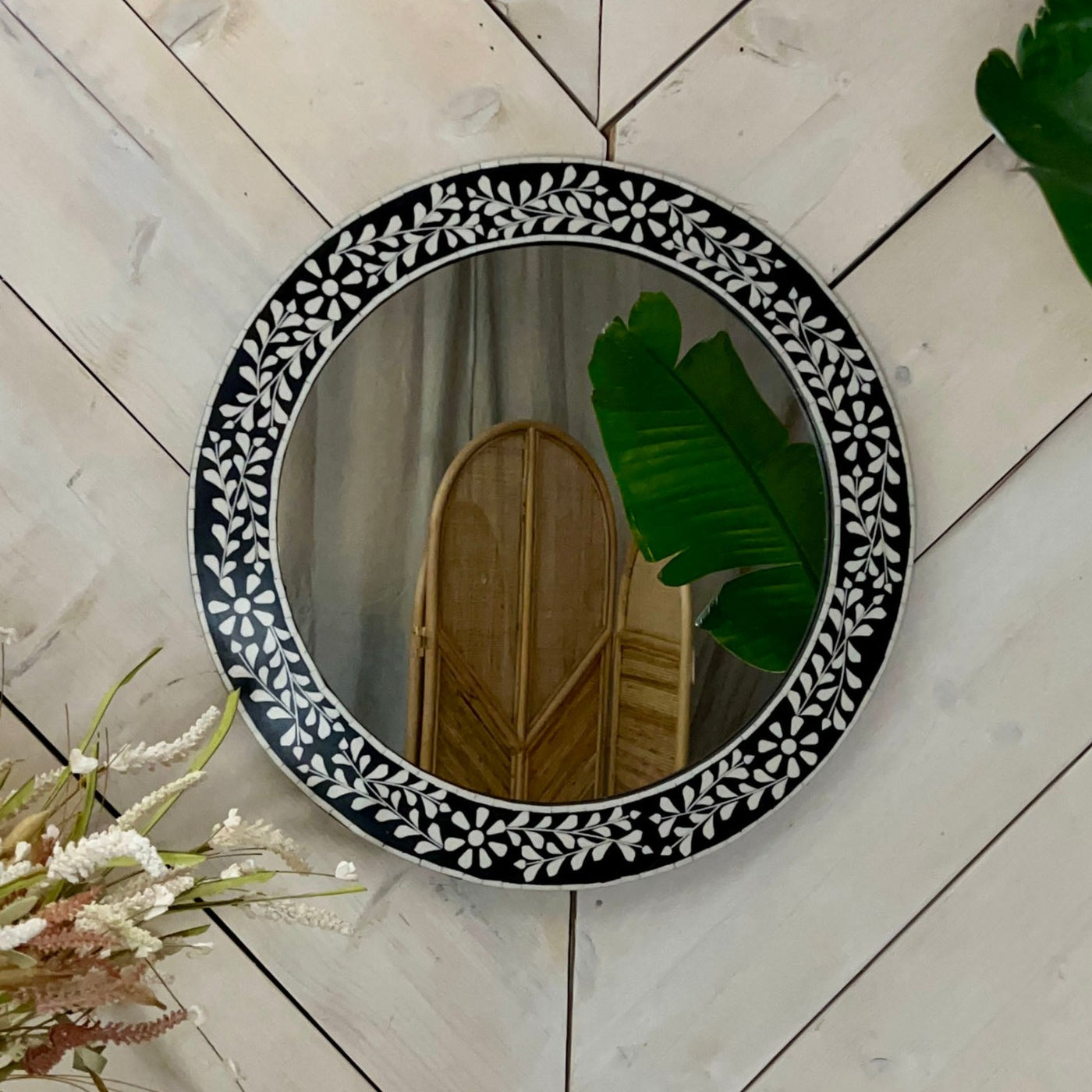 Nolita Floral Inlay Round Mirror-61cm-Mrs Robinson