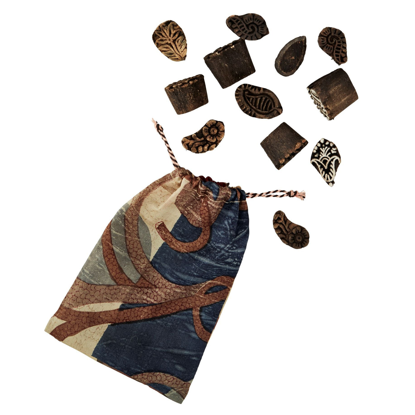 Decorative drawstring bag with patterned elements and scattered decorative items on a white background