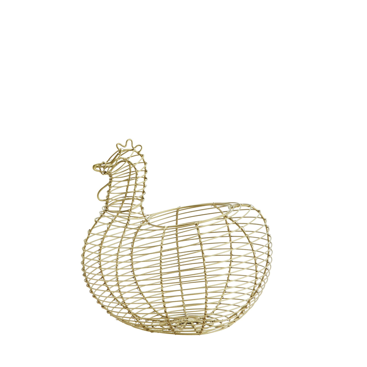Gold wire chicken-shaped basket on a white background