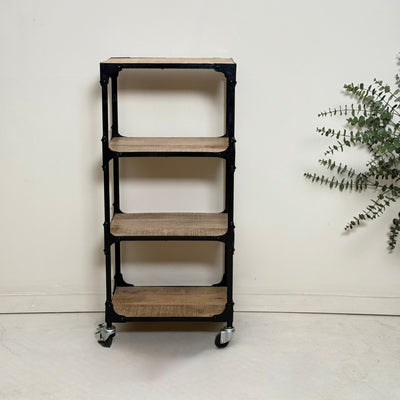 Bookshelf with wooden shelves and black metal frame on a white floor.