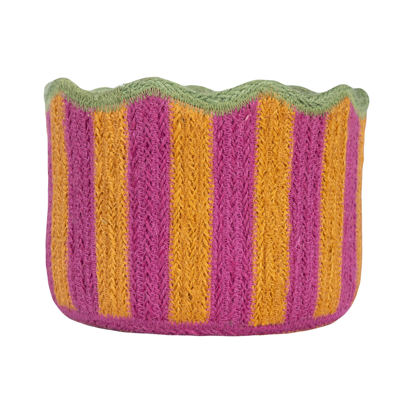 Knitted basket with purple and yellow stripes on a white background