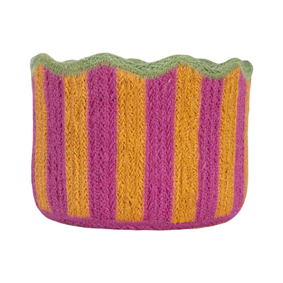 Knitted basket with purple and yellow stripes on a white background