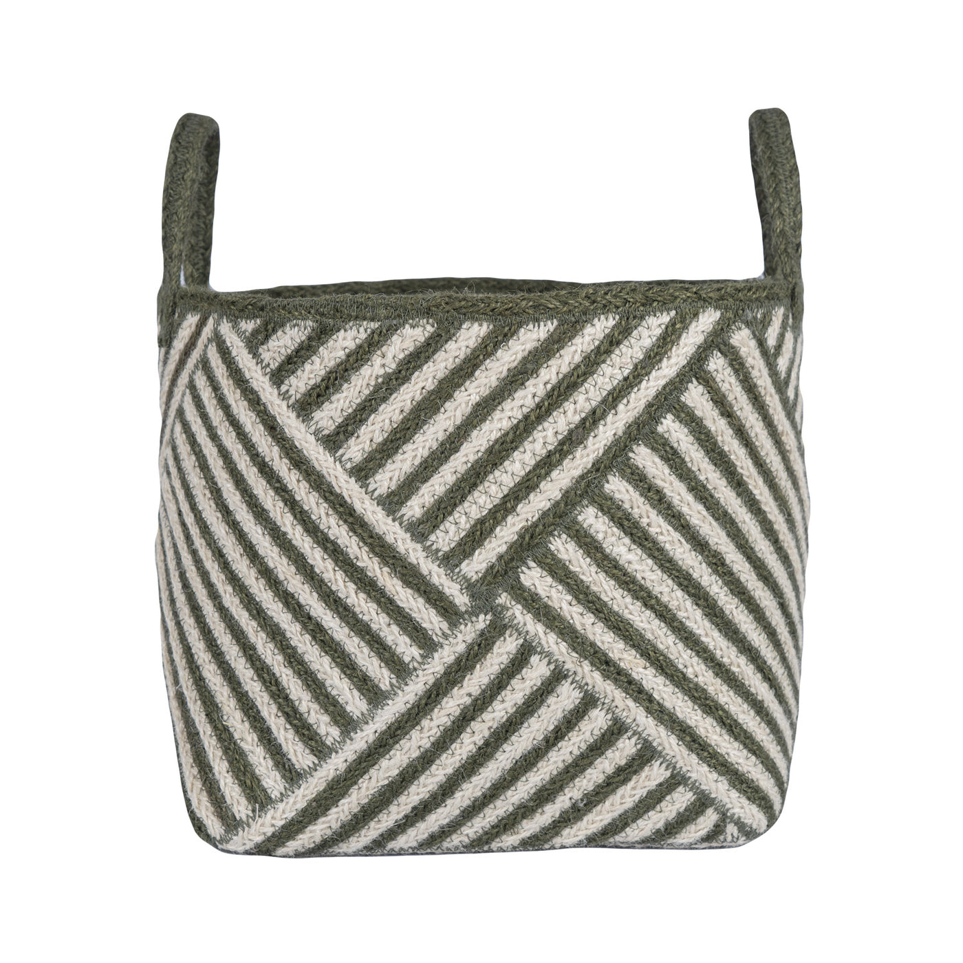 Woven basket with green and white pattern on a white background