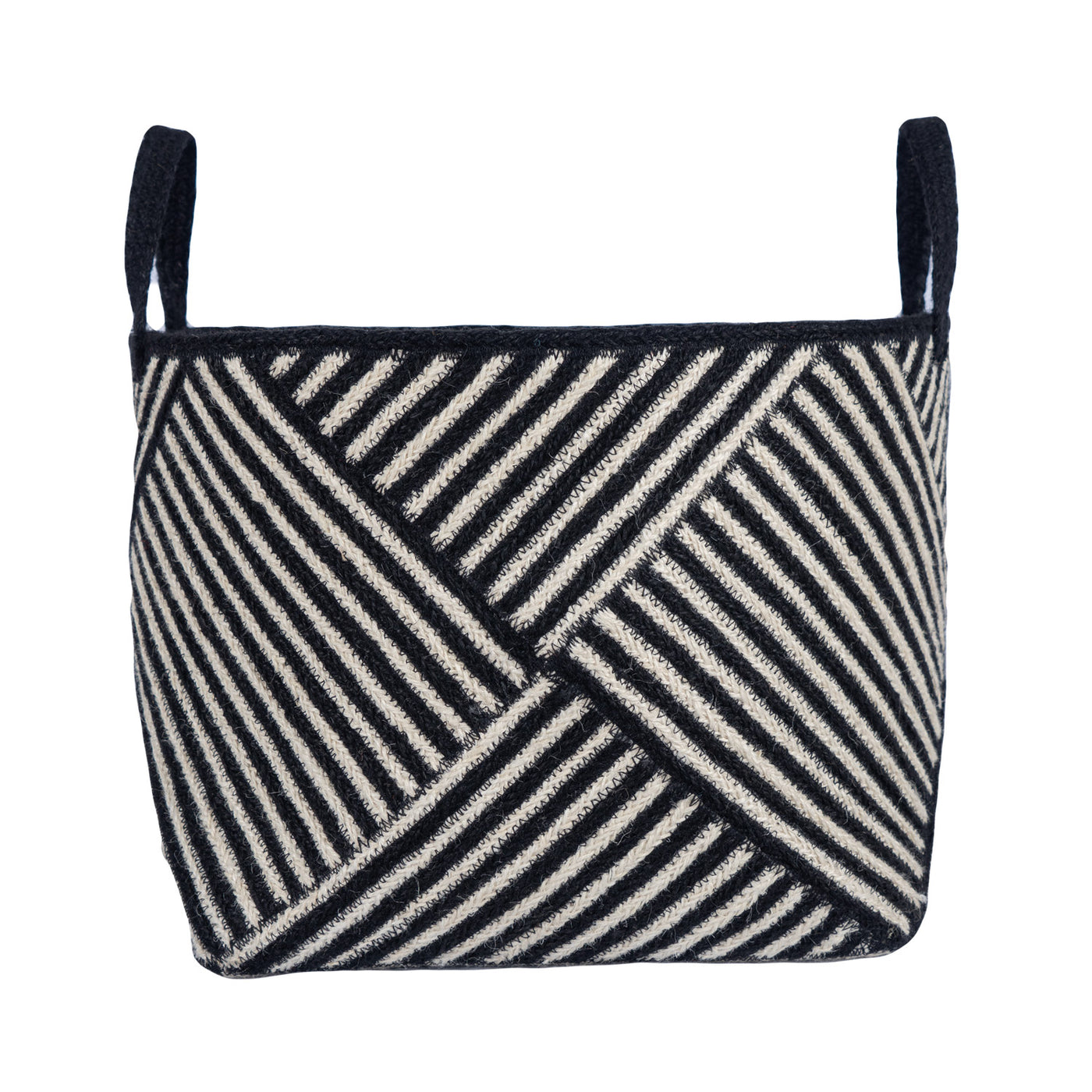 Black and white striped woven basket on a white background