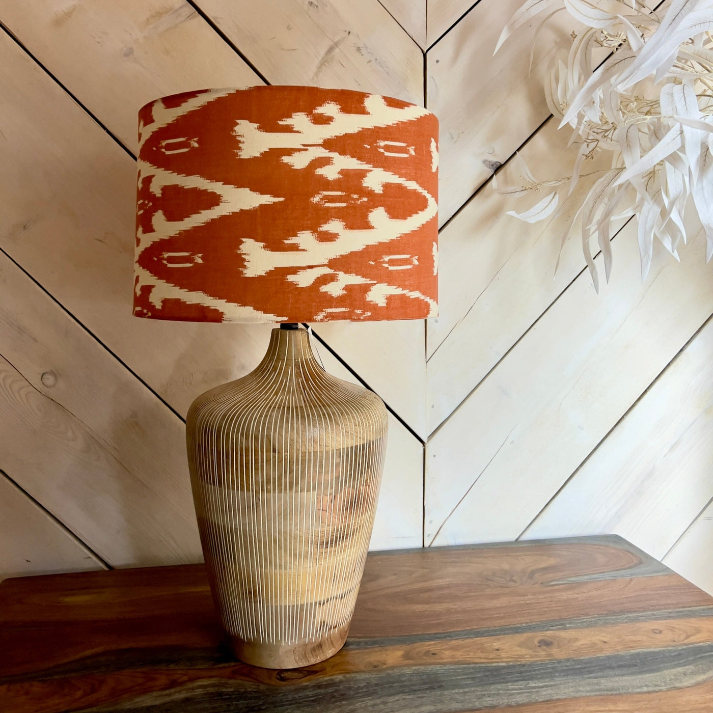 White Tamia Wash Textured Lamp Base-Light Wood