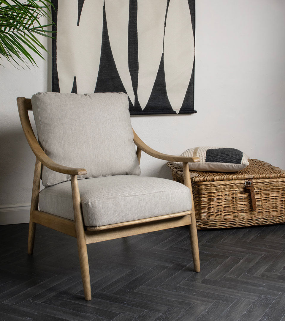 Mid-Century Inspired Armchair Upholstered in Linen and Wooden Curved Frame