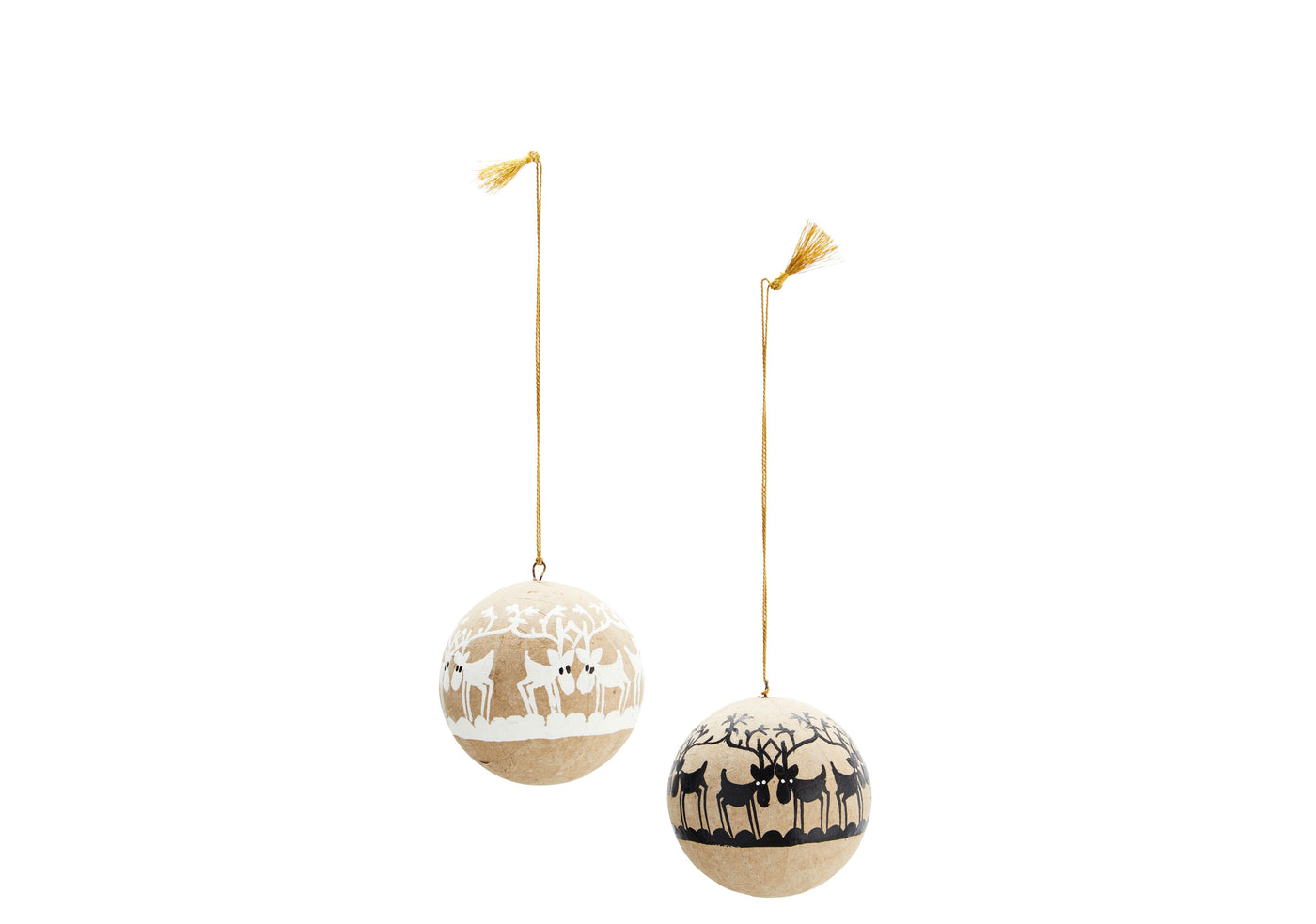 Two decorative balls with reindeer patterns on a white background