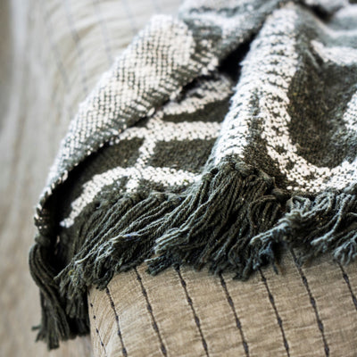 Textured blanket with fringes draped over a surface