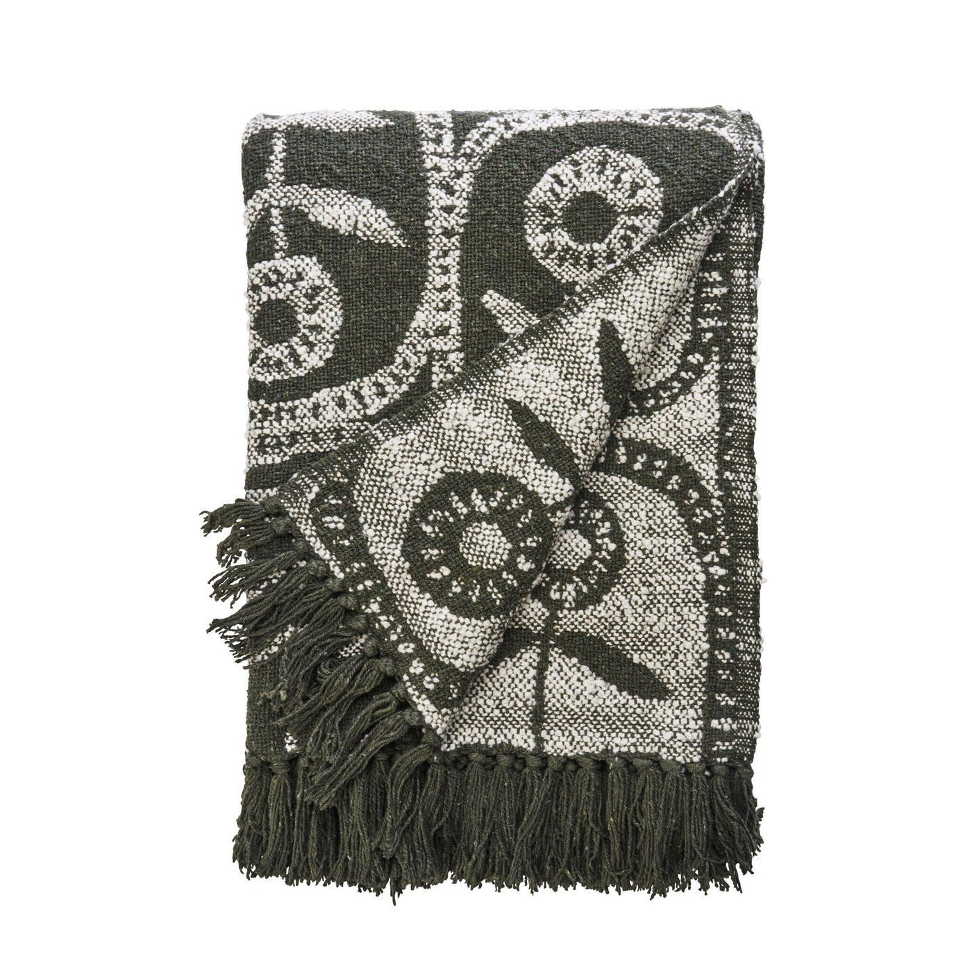 Decorative throw blanket with green and white pattern on a white background