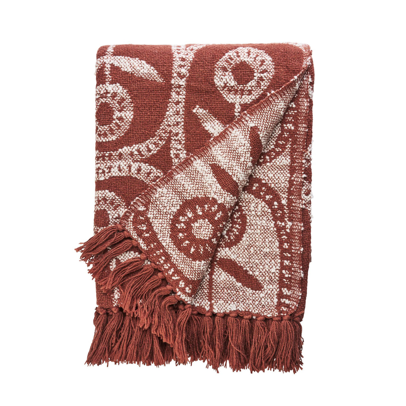 Woven blanket with intricate pattern and fringes on a white background
