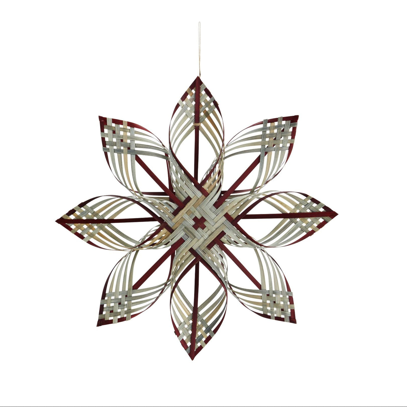 Decorative snowflake with red and white pattern on a white background