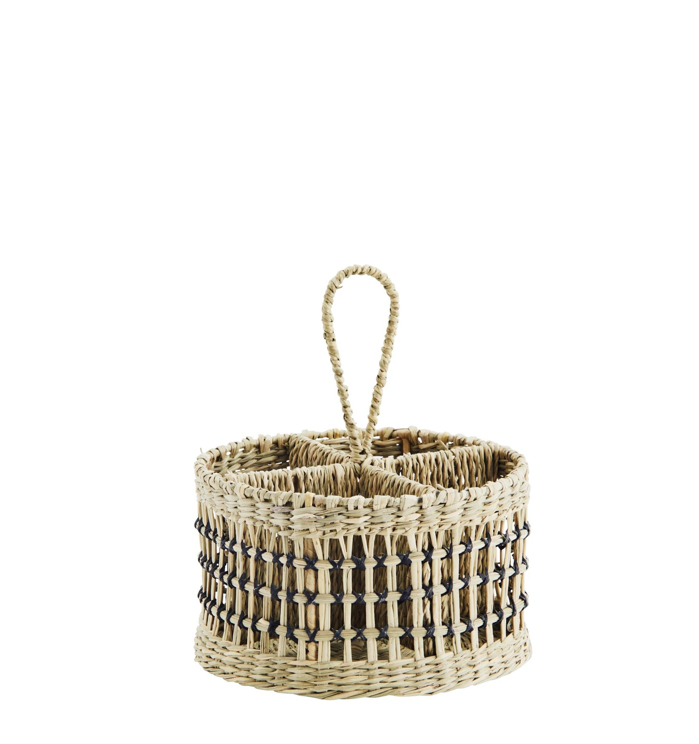 Woven basket with a handle on a white background