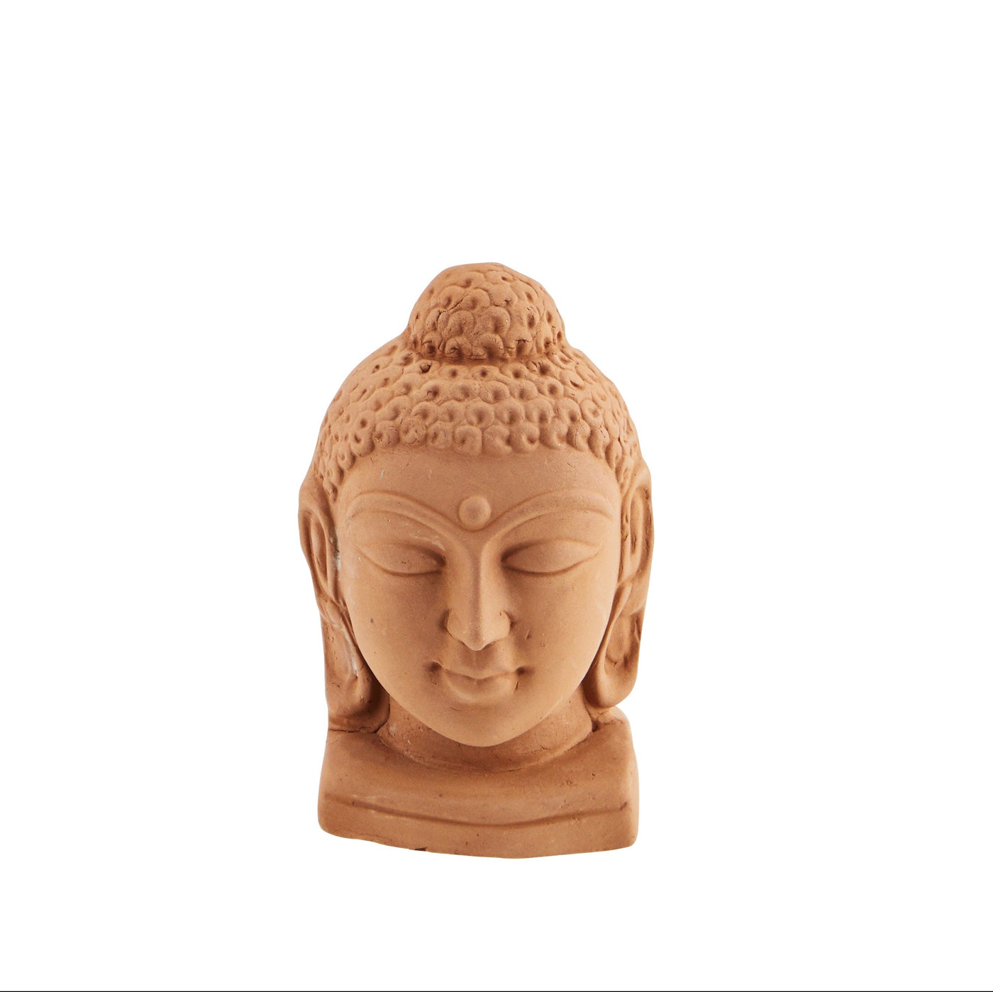 Brown Buddha head sculpture on a white background