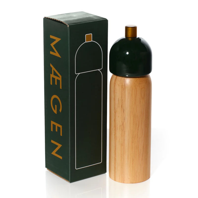 Wooden bottle with black cap next to a 'MAEN' branded box on a white background