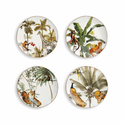 &-Klevering-white-Jungle-Plates-with-Giraffe-Monkey-lion-leopard-design-print-Set-of-4