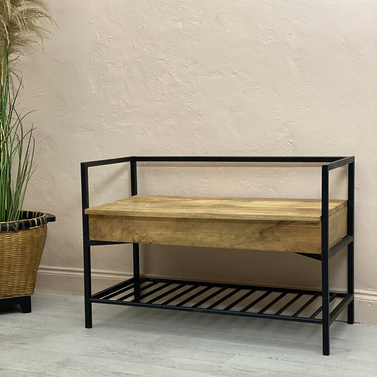 Cohen Industrial Storage Bench - Black Metal & Wood - Small - Mrs Robinson