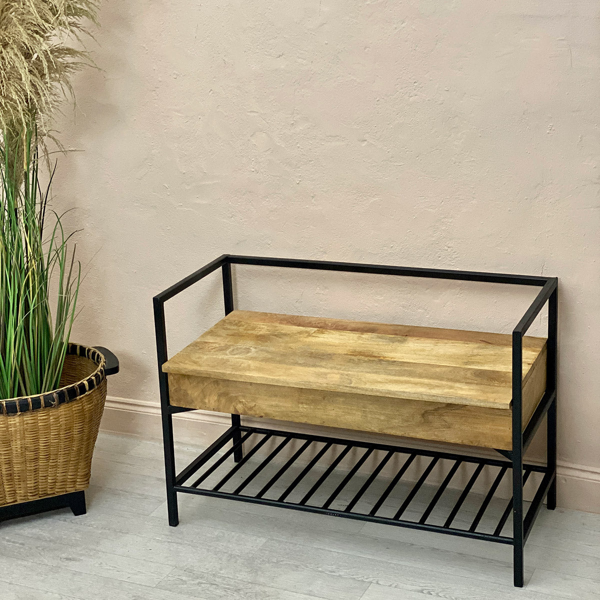 Cohen Industrial Storage Bench - Black Metal & Wood - Small - Mrs Robinson