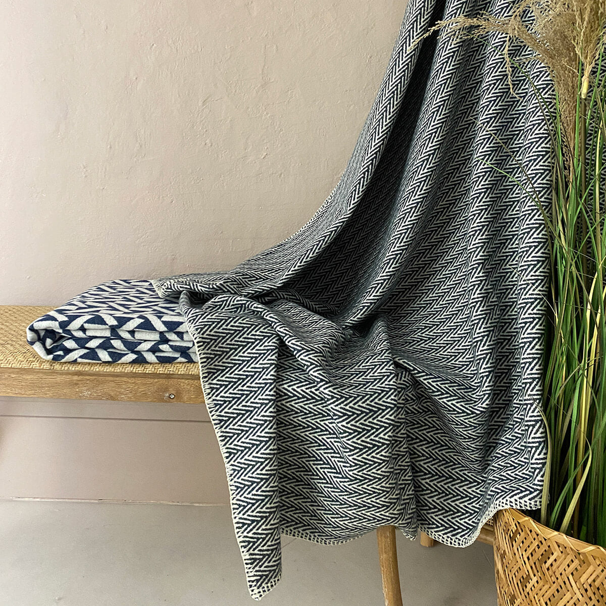 Herringbone Throw Blanket Indigo 140cm x 160cm - Mrs Robinson