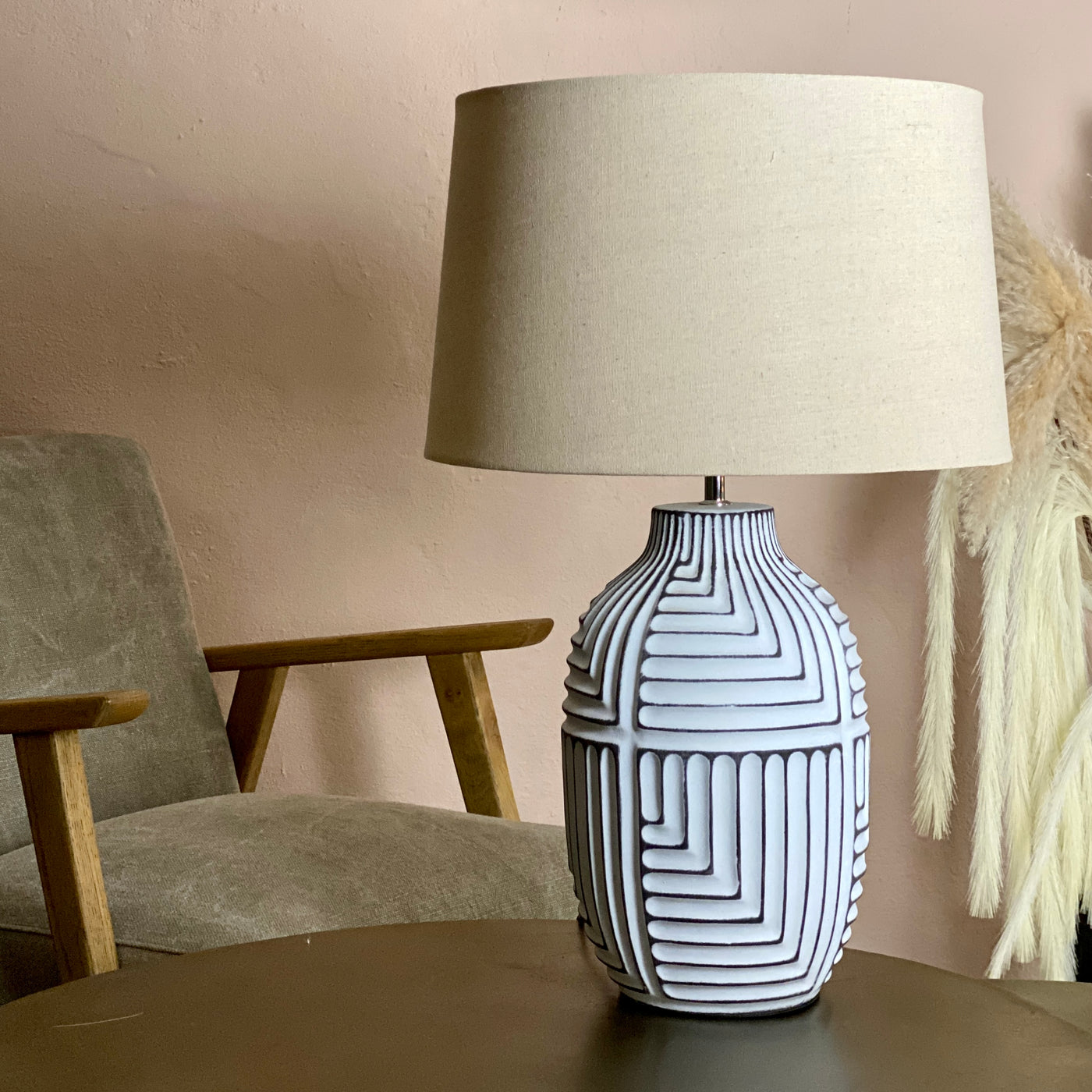 Monochrome Large Ceramic Table Lamp with Shade - Mrs Robinson