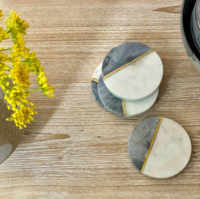 Grey Marble Coasters with Gold Inlay, Round, Set of 4