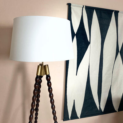 Spindle Wooden Floor Lamp, Tripod, Dark Wood & White Linen Shade