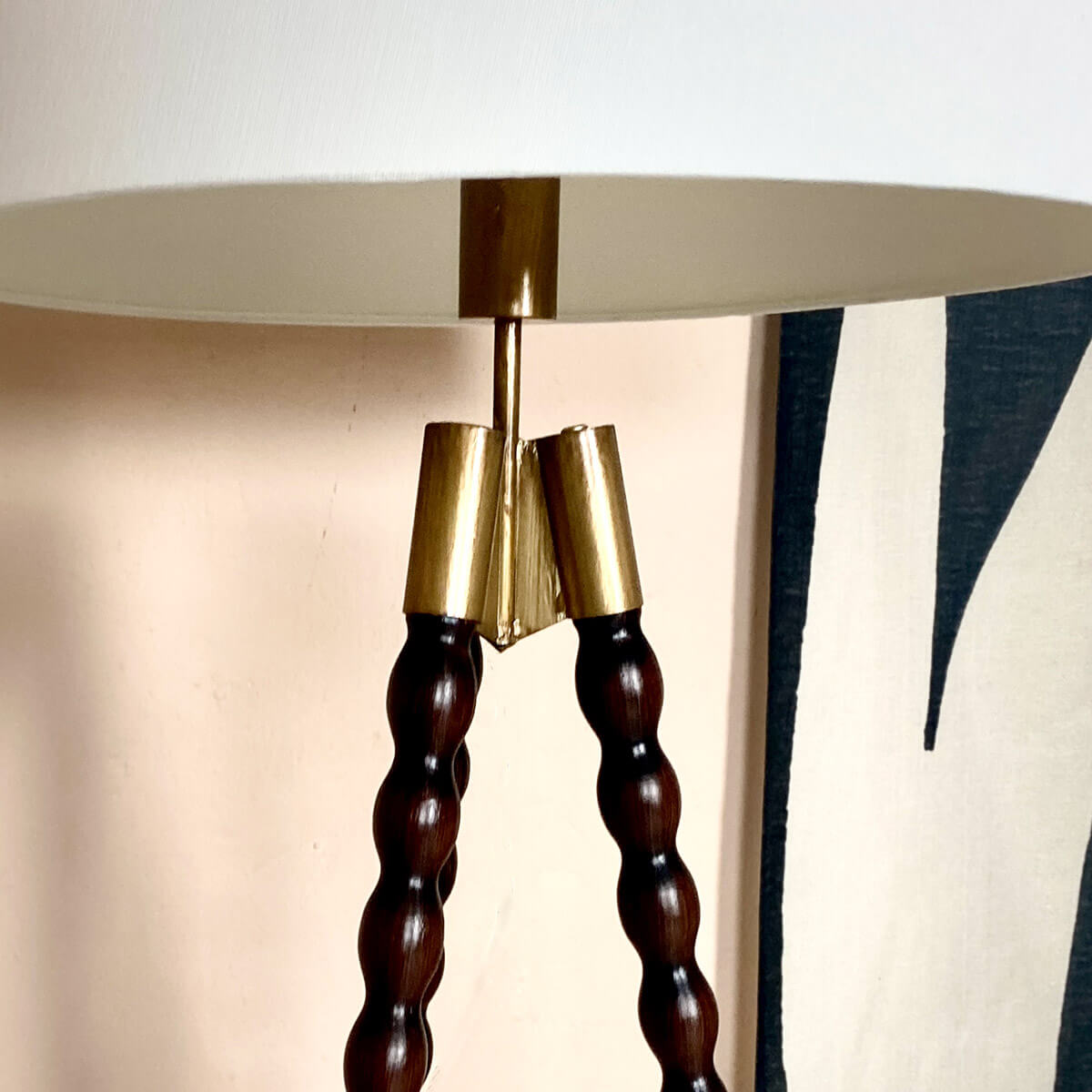 Spindle Wooden Floor Lamp, Tripod, Dark Wood & White Linen Shade