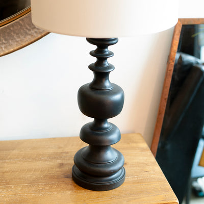 black turn wood style table lamp with white shade
