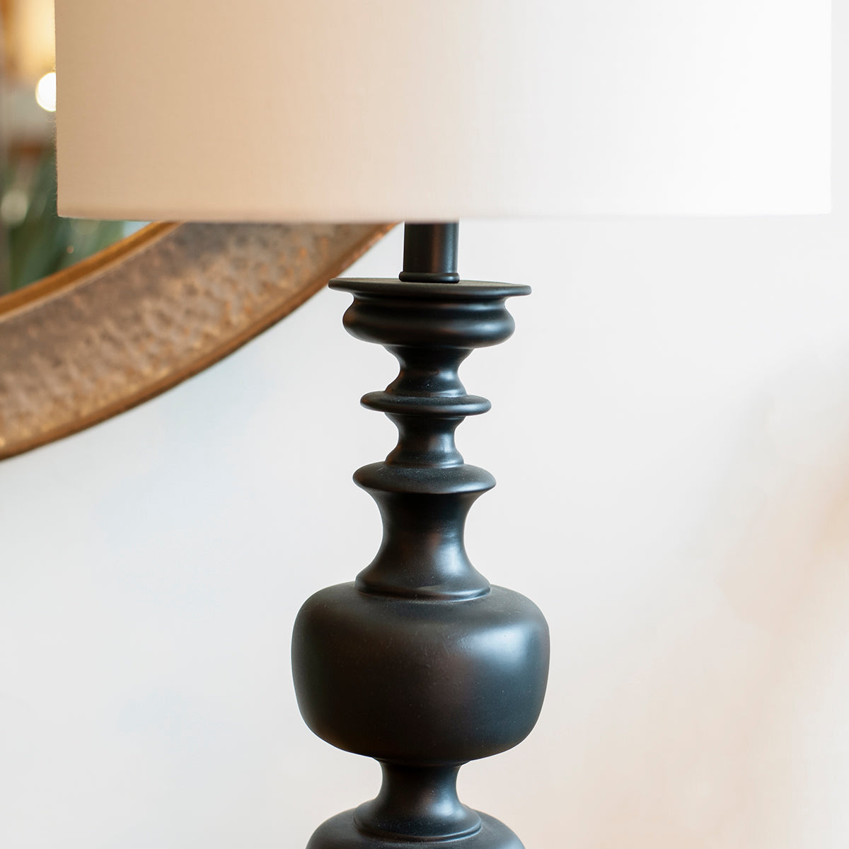 black turn wood style table lamp details