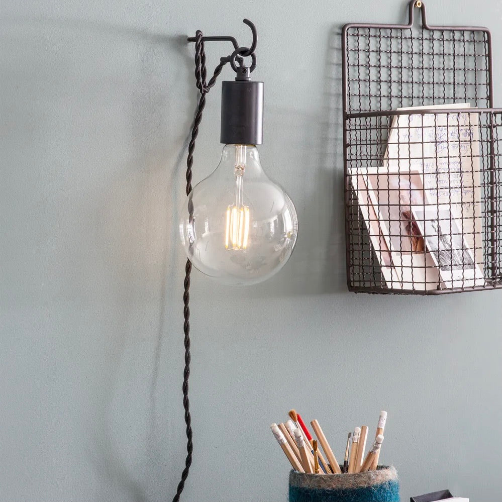 Soho-carbon-wall-light-with-powder-coated-steel-light-bulb-fitting-on-hook-with-black-cable-lenght-2.5m-250cm-Mrs-Robinson