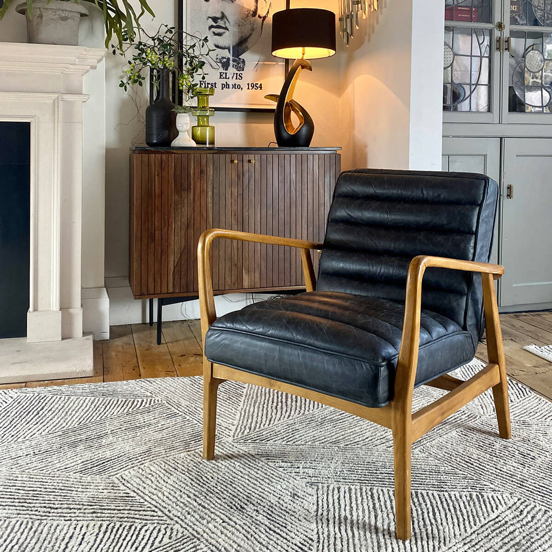 Mid-Century Leather Armchair Black – Mrs Robinson - Main Image