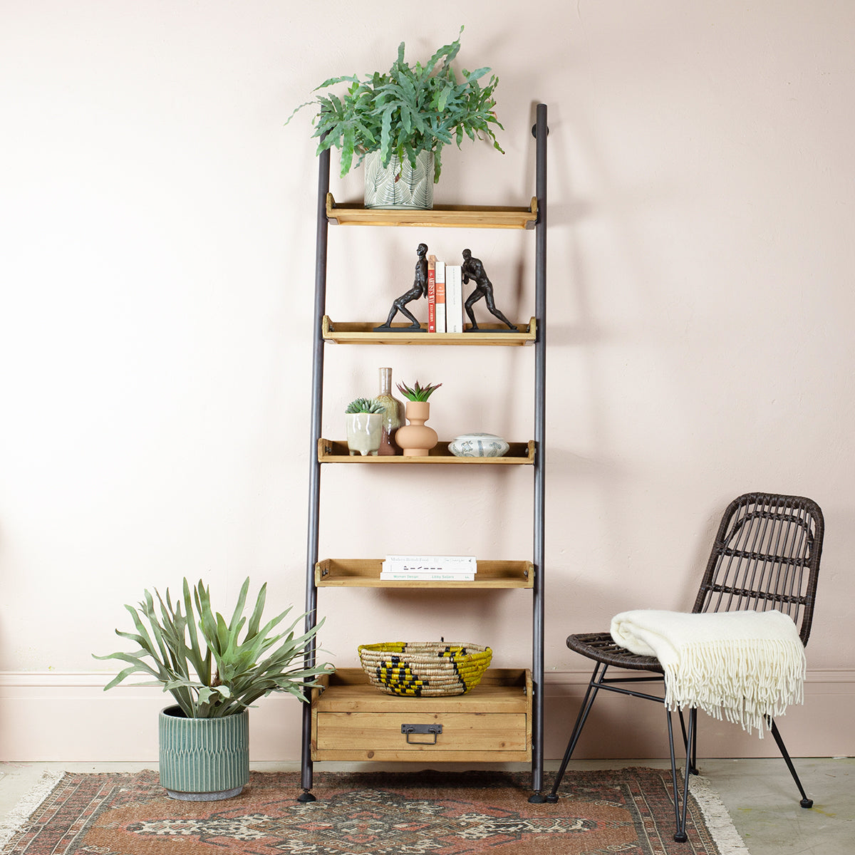 Narrow Industrial-Style Ladder Shelf With Drawer - Reclaimed - Mrs Robinson