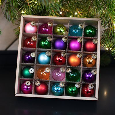 set of 25 mini baubles in a box