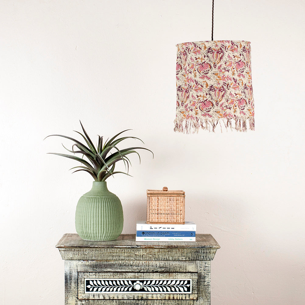 Madam-Stoltz-Pink-White-Ochre-Floral-Printed-Cotton-Lamp-Shade-with-Fringe