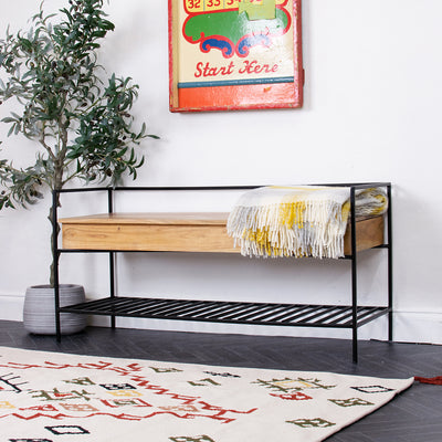 Cohen Industrial Storage Bench - Black Metal & Wood - Mrs Robinson