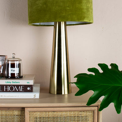 brass table lamp with velvet shade close up