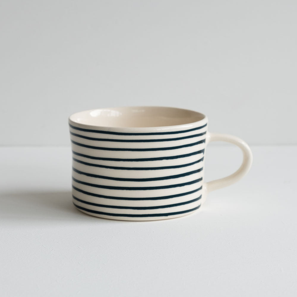 stoneware mug with teal stripes