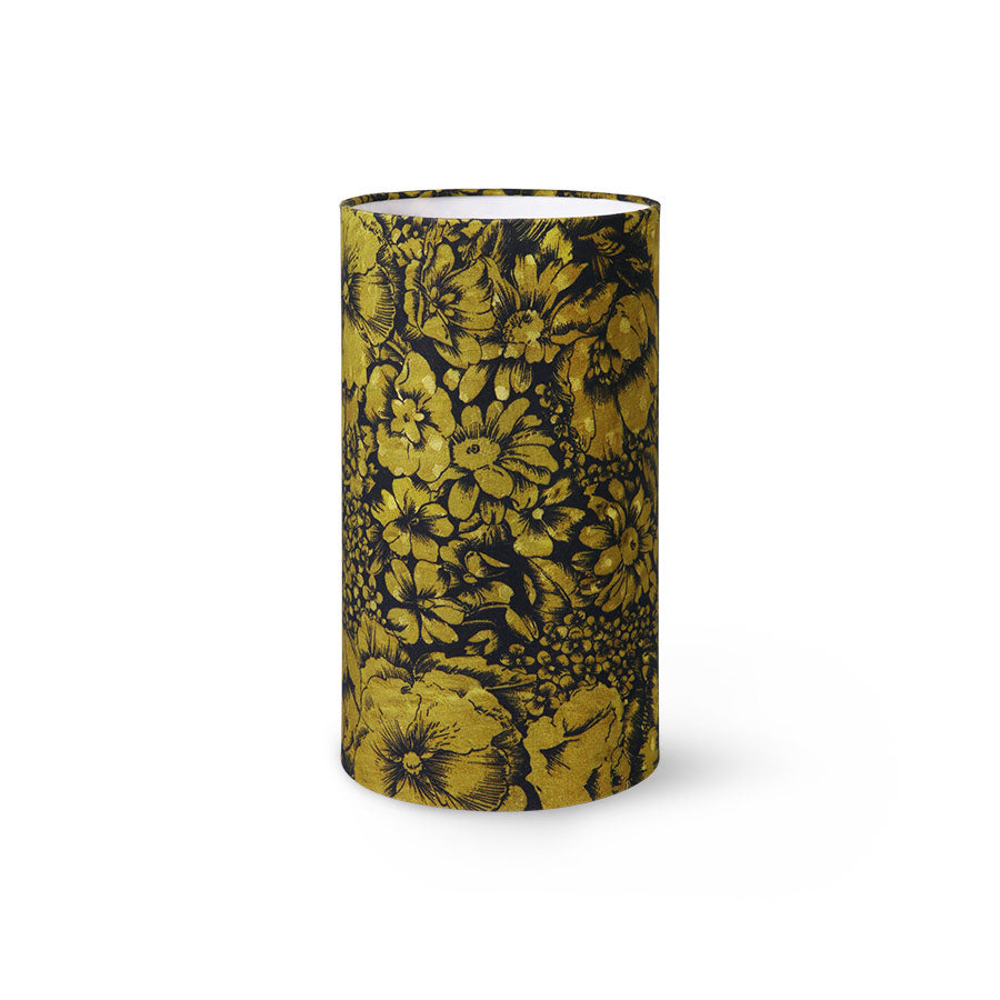 Janis-Retro-Yellow-and-Black-Floral-Table-Lamp-Shade-Tall-on-fat-green-lava-lamp-base-HK-Living