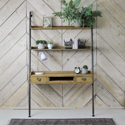 Leaning industrial style wide ladder desk with shelves and two drawers - Mrs Robinson
