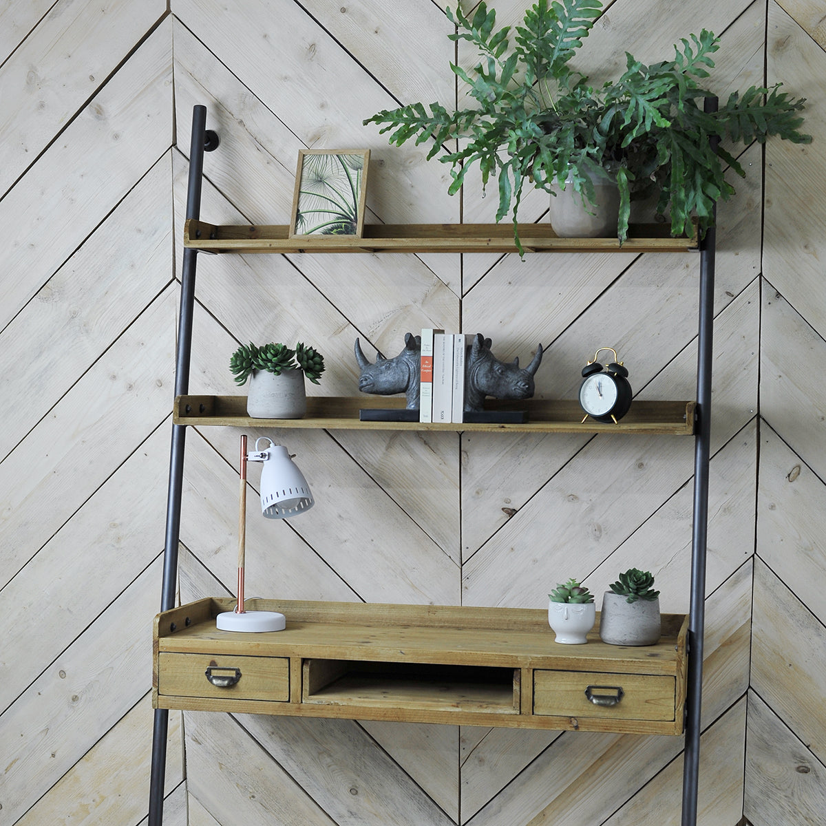 Leaning industrial style wide ladder desk with shelves and two drawers - Mrs Robinson
