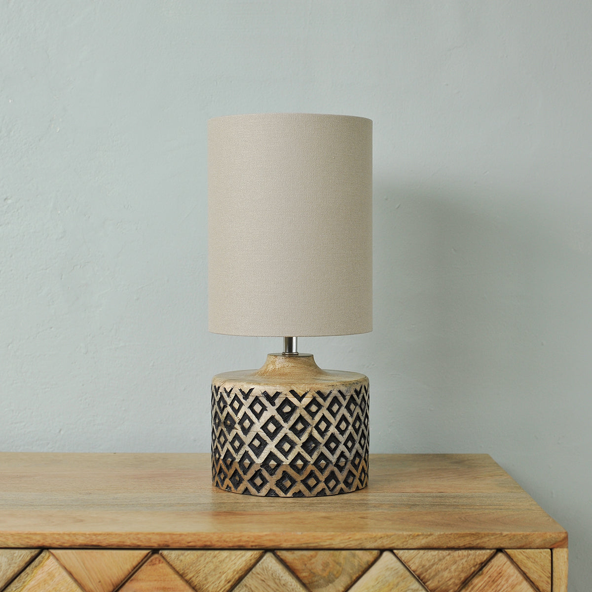 short wooden table lamp
